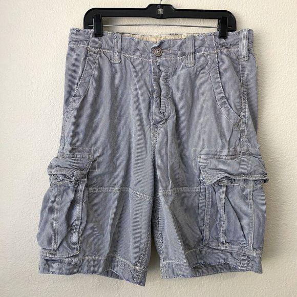 Abercrombie Fitch Shorts Mens Size 32 Cargo Blue Utility Stripes HeavyVtg